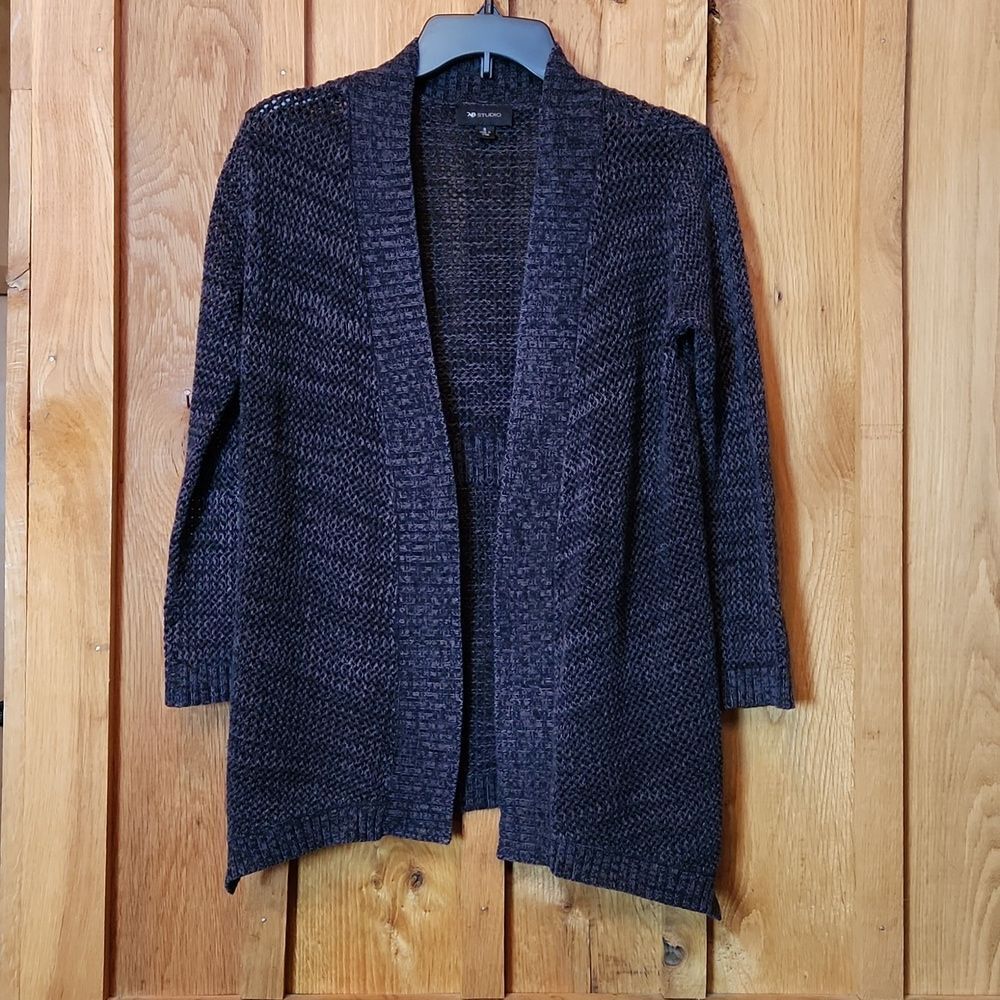 AB Studio Charcoal Grey Open Knit Open Tunic Length Cardigan, Small